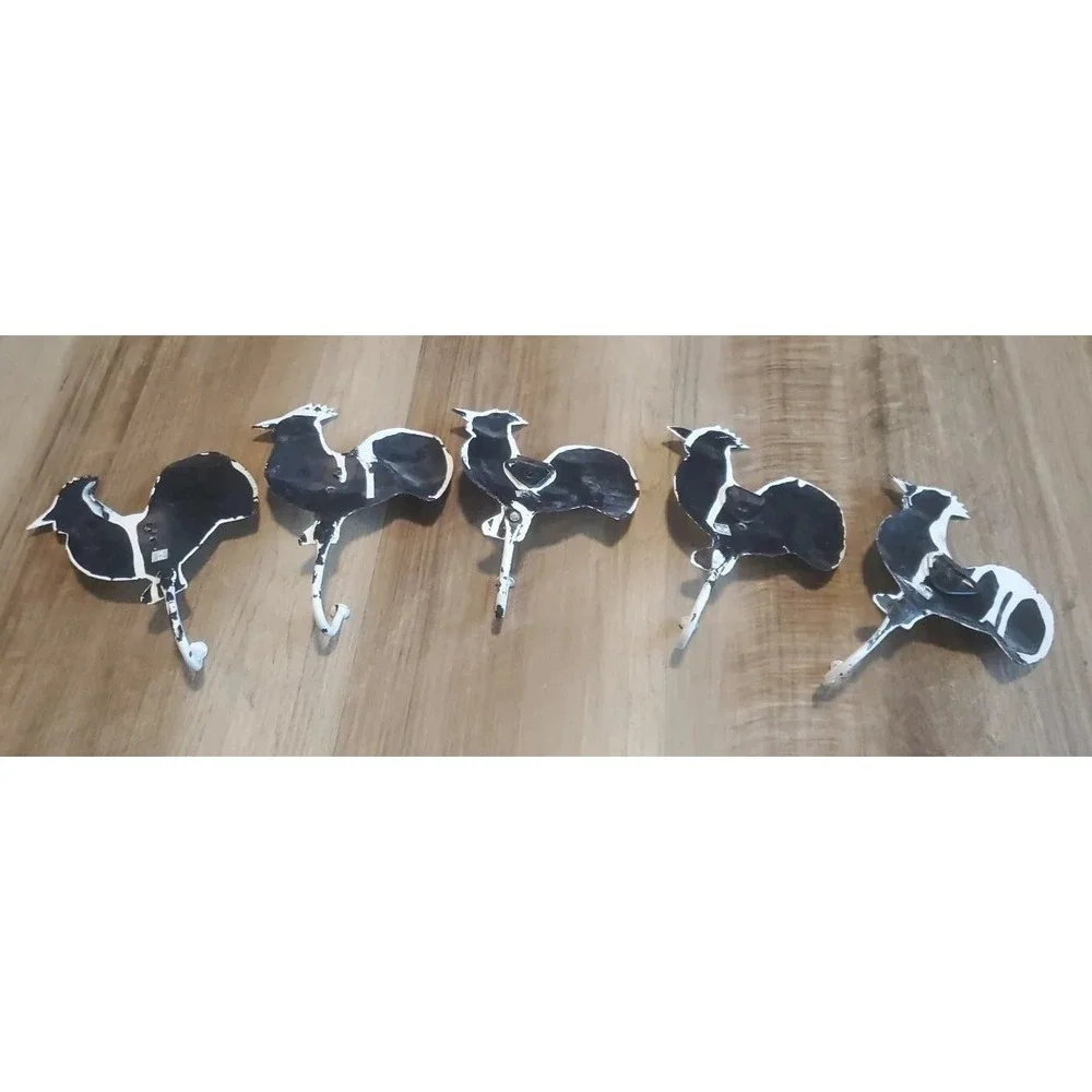 Set of 5 Rooster Chicken Hooks Rustic Distressed White Decor Farmhouse *READ